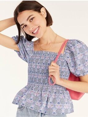 J.Crew Liberty of London fabric Smocked Peplum Puff-Sleeve Top in Lavender NWT